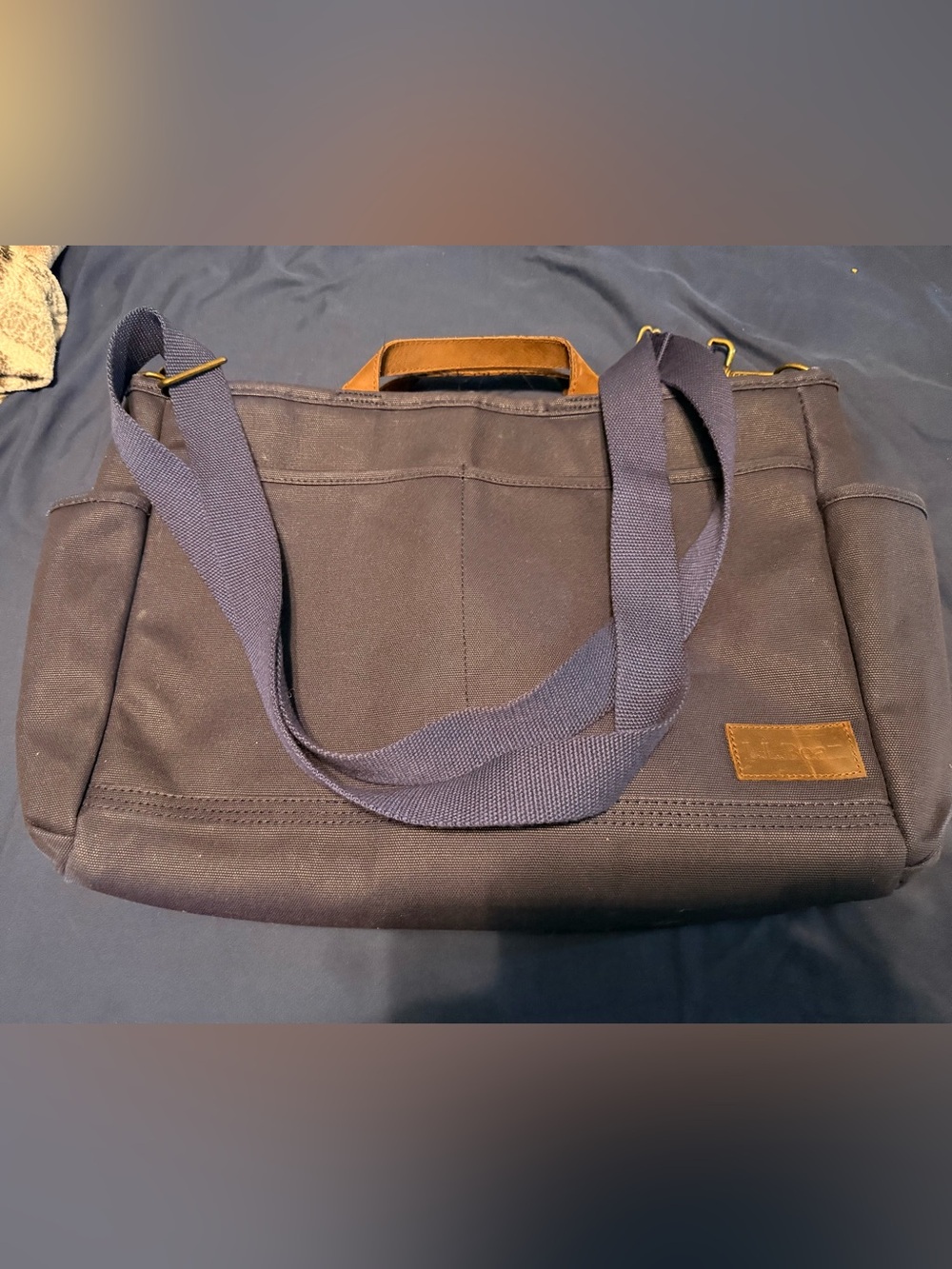 LL Bean Canvas Utility Tote Bag in Navy with Leather Trim